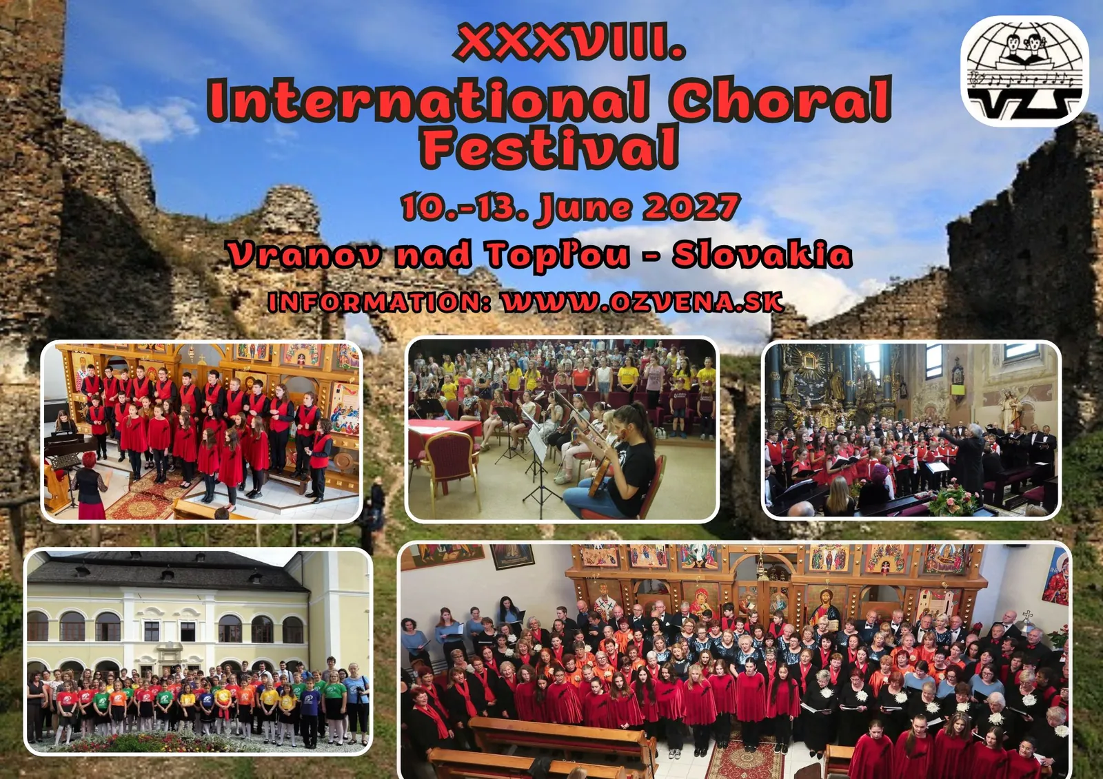 Poster of the XXXVIII. International Choral Festival, 10–13 June 2027 in Vranov nad Topľou, Slovakia