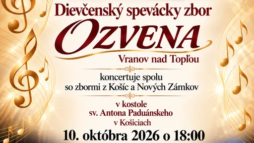 Hlavička plagátu koncertu Dievčenského speváckeho zboru OZVENA v kostole sv. Antona Paduánskeho v Košiciach 10. októbra 2026 o 18:00