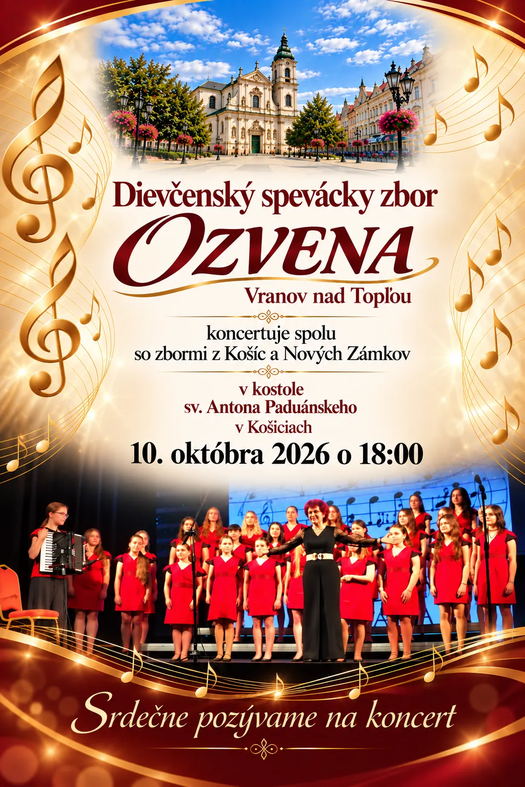 Poster (in Slovak): the Girls’ Choir OZVENA, Vranov nad Topľou, performs together with choirs from Košice and Nové Zámky in the Church of St. Anthony of Padua in Košice on 10 October 2026 at 18:00