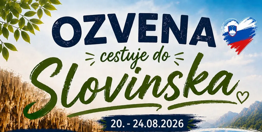 Header of the poster “OZVENA cestuje do Slovinska” (OZVENA travels to Slovenia) with the dates 20–24 August 2026