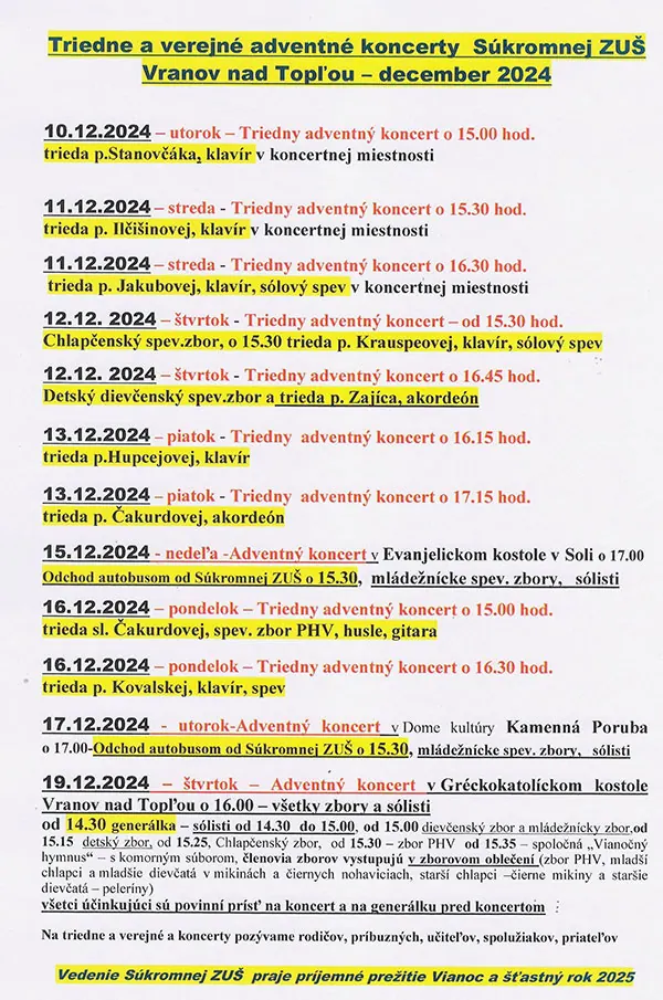 Adventné triedne a verejné koncerty december 2024 - plagát