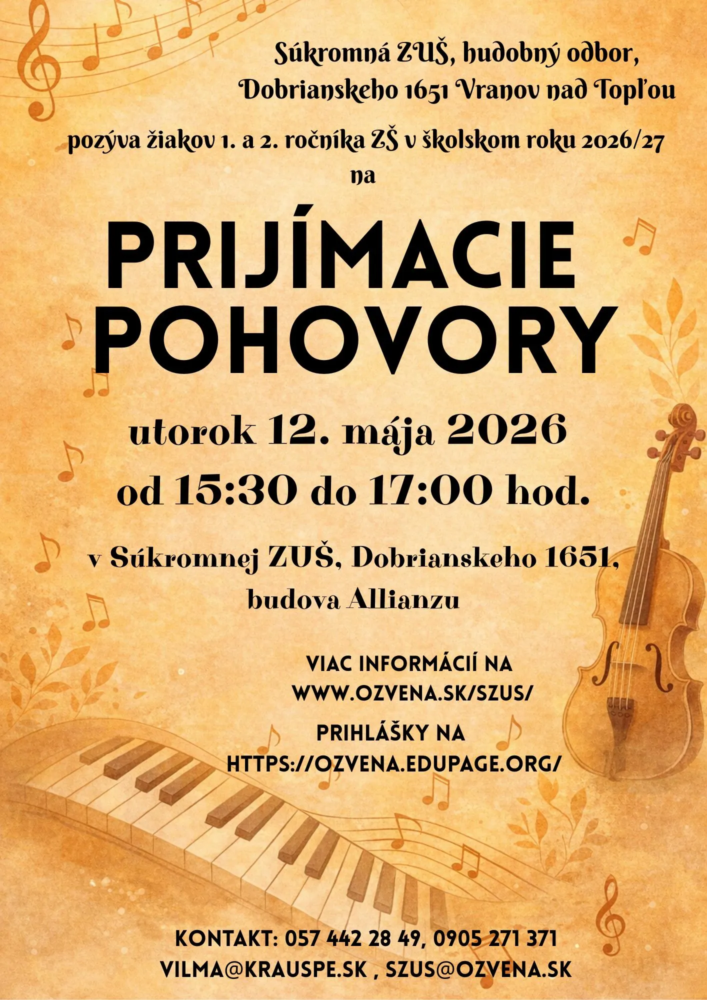 Prijímacie pohovory 12. mája 2026 — plagát