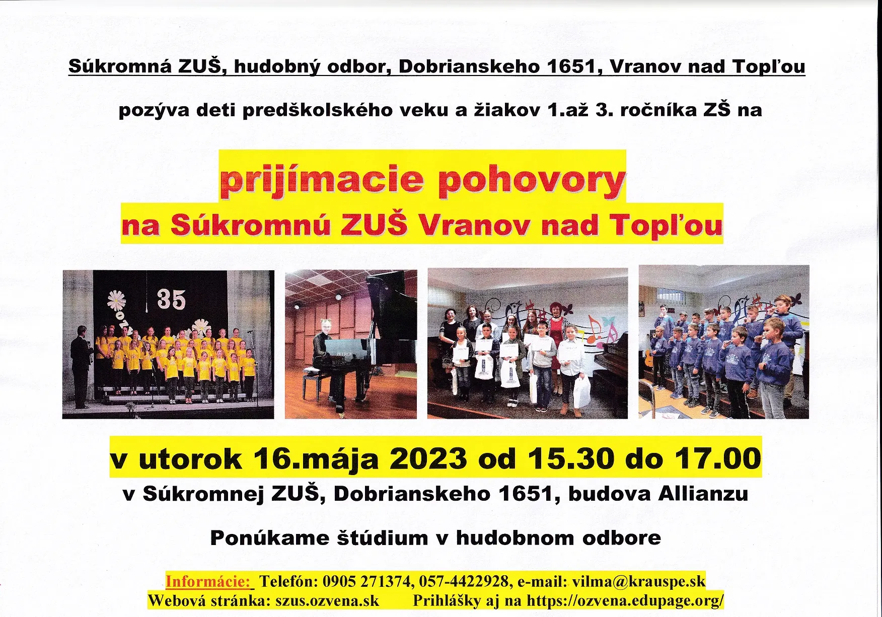 Súkromná ZUŠ - 16.5.2023 Pozvánka na prijímacie pohovory - plagát