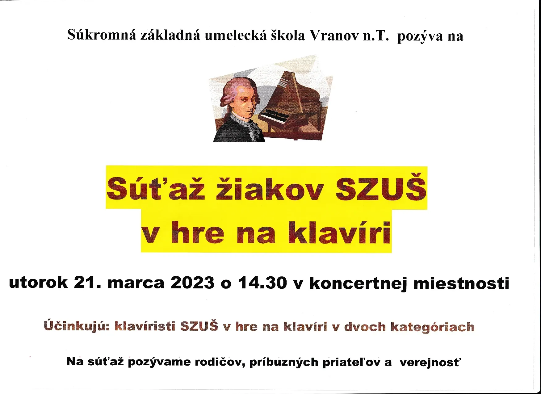 Súkromná ZUŠ - 21.3. 2023 Súťaž žiakov SZUŠ v hre na klavíri - plagát