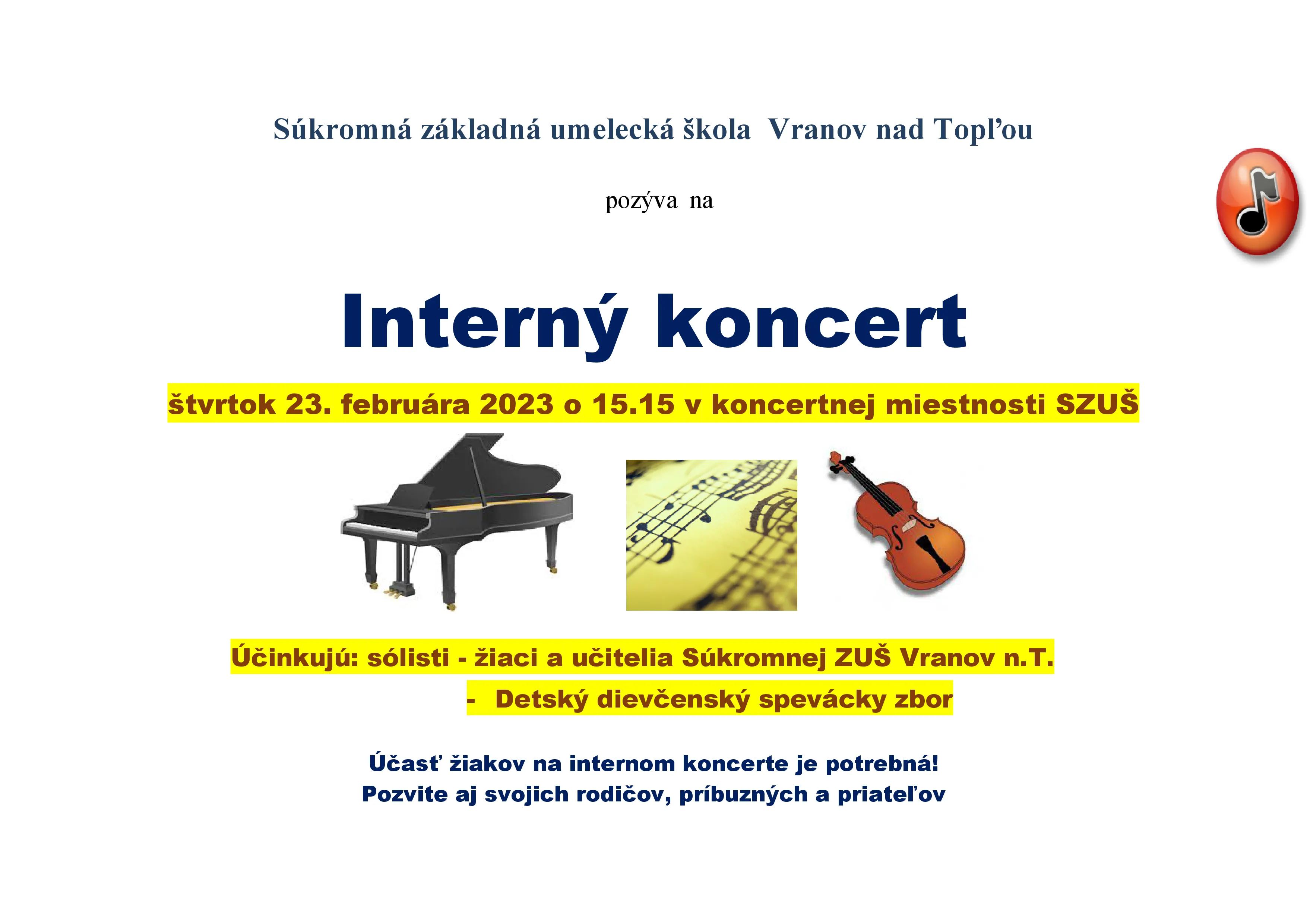 Súkromná ZUŠ - Interný koncert 23. február 2023 - plagát
