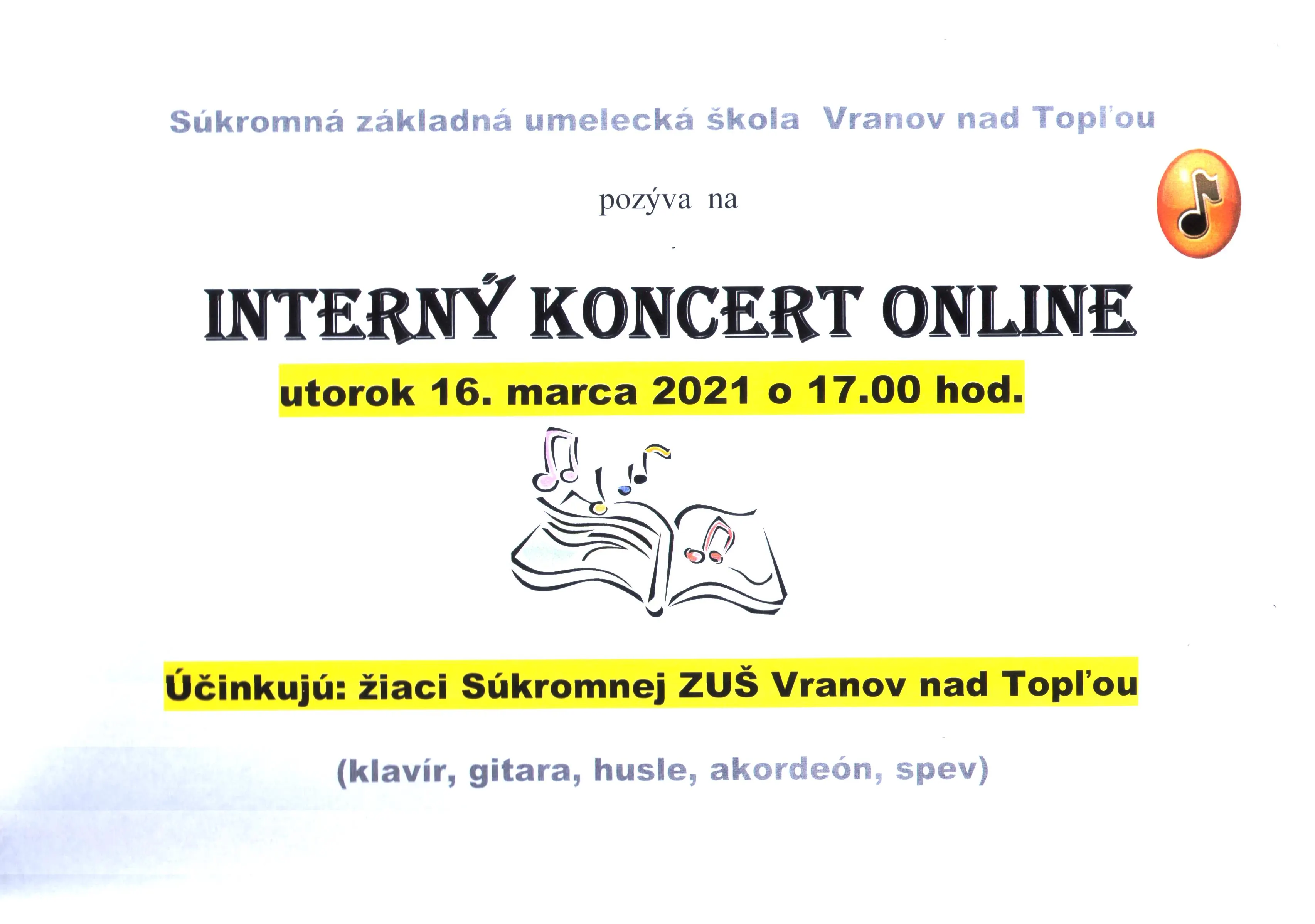 Súkromná ZUŠ - Interný koncert ONLINE 16. Marca 2021 - plagát