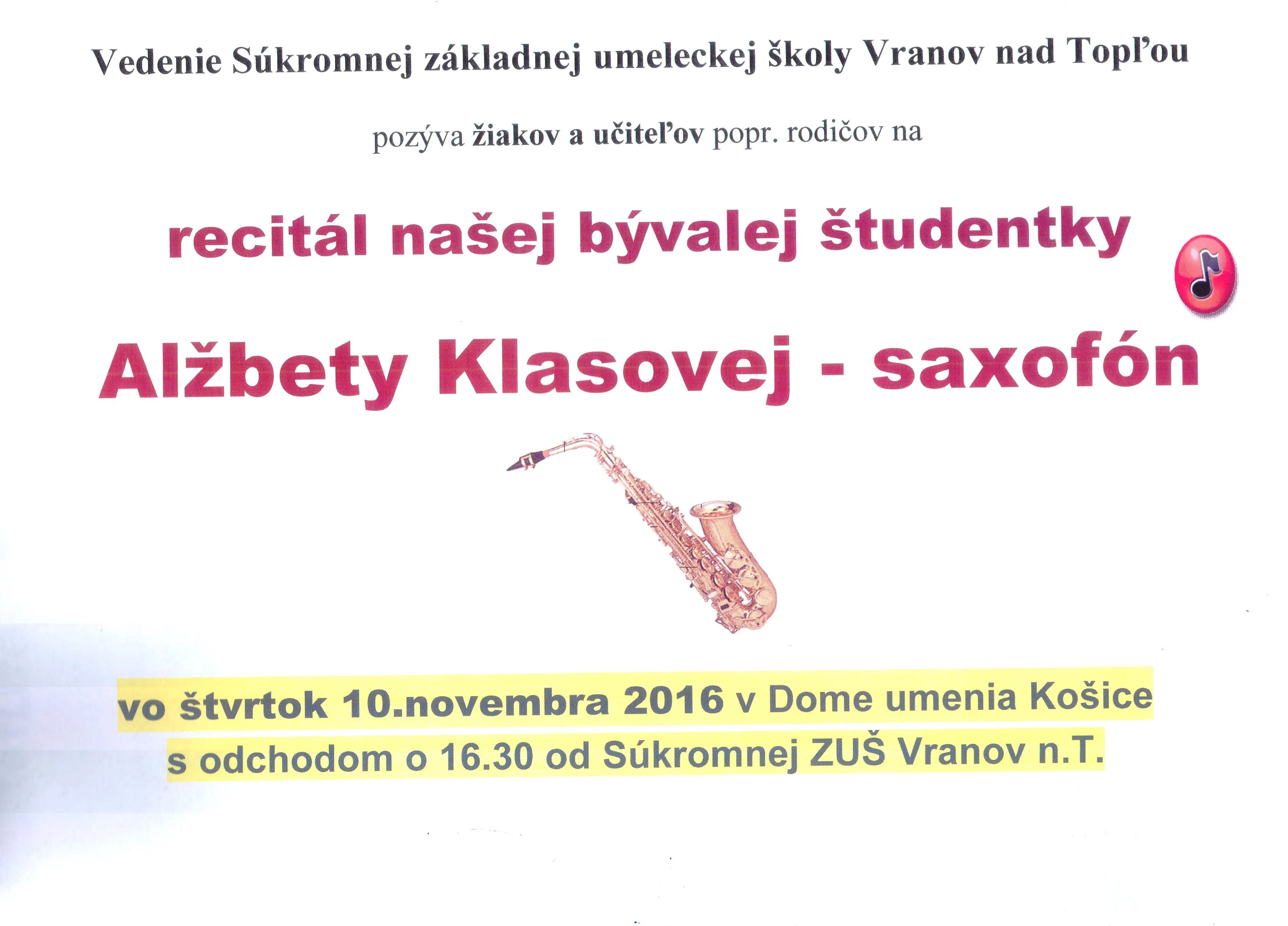 Súkromná ZUŠ - Pozvánka na koncert 10. novembra 2016 - plagát