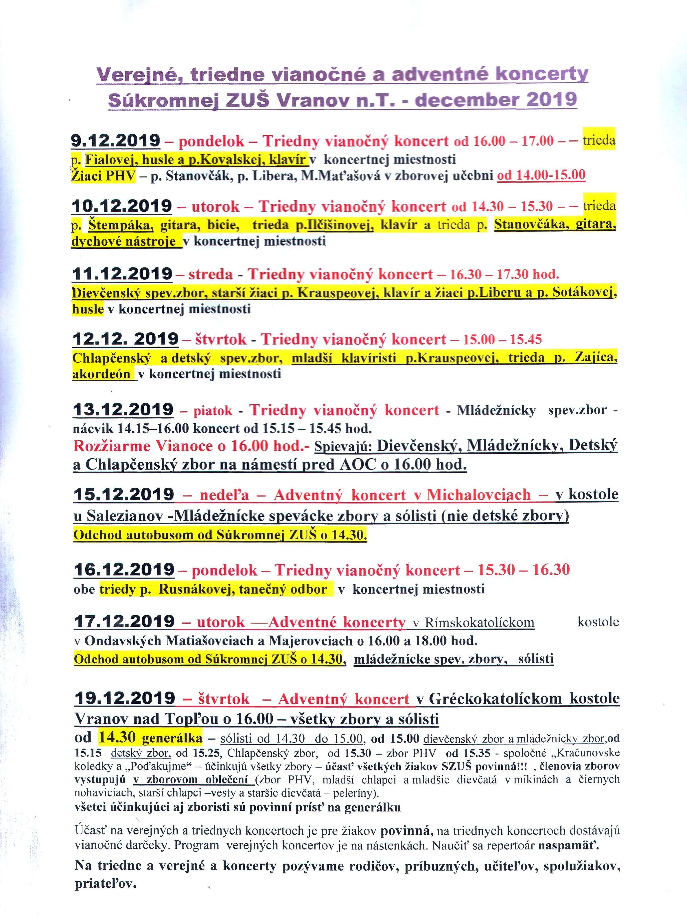Súkromná ZUŠ - Pozvánka na verejné, triedne vianočné a adventné koncerty - december 2019 - plagát
