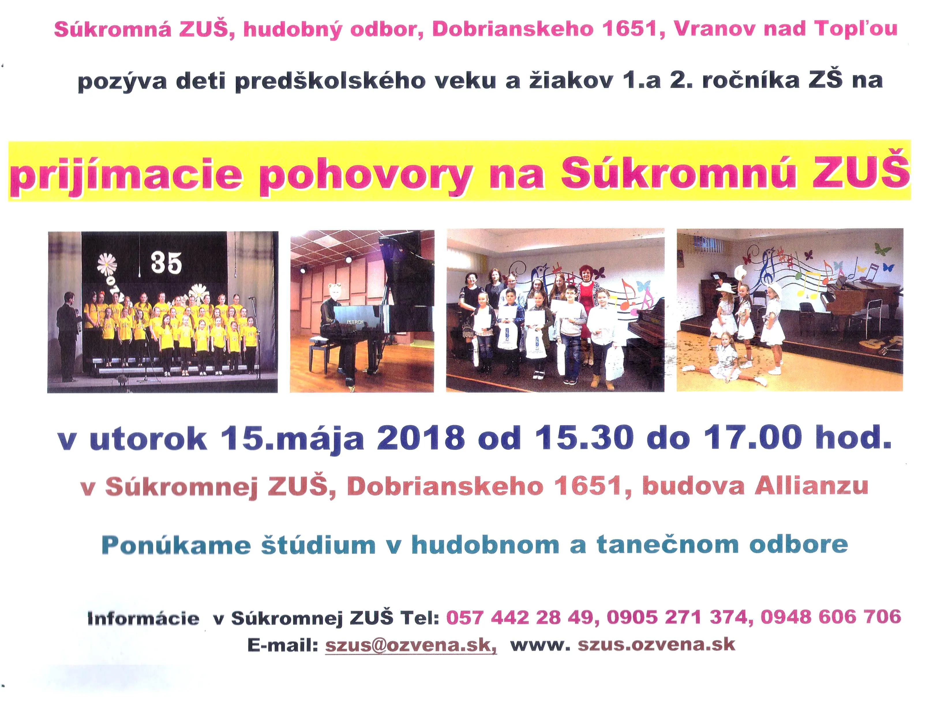Súkromná ZUŠ - Prijímacie pohovory 15. máj 2018 - plagát