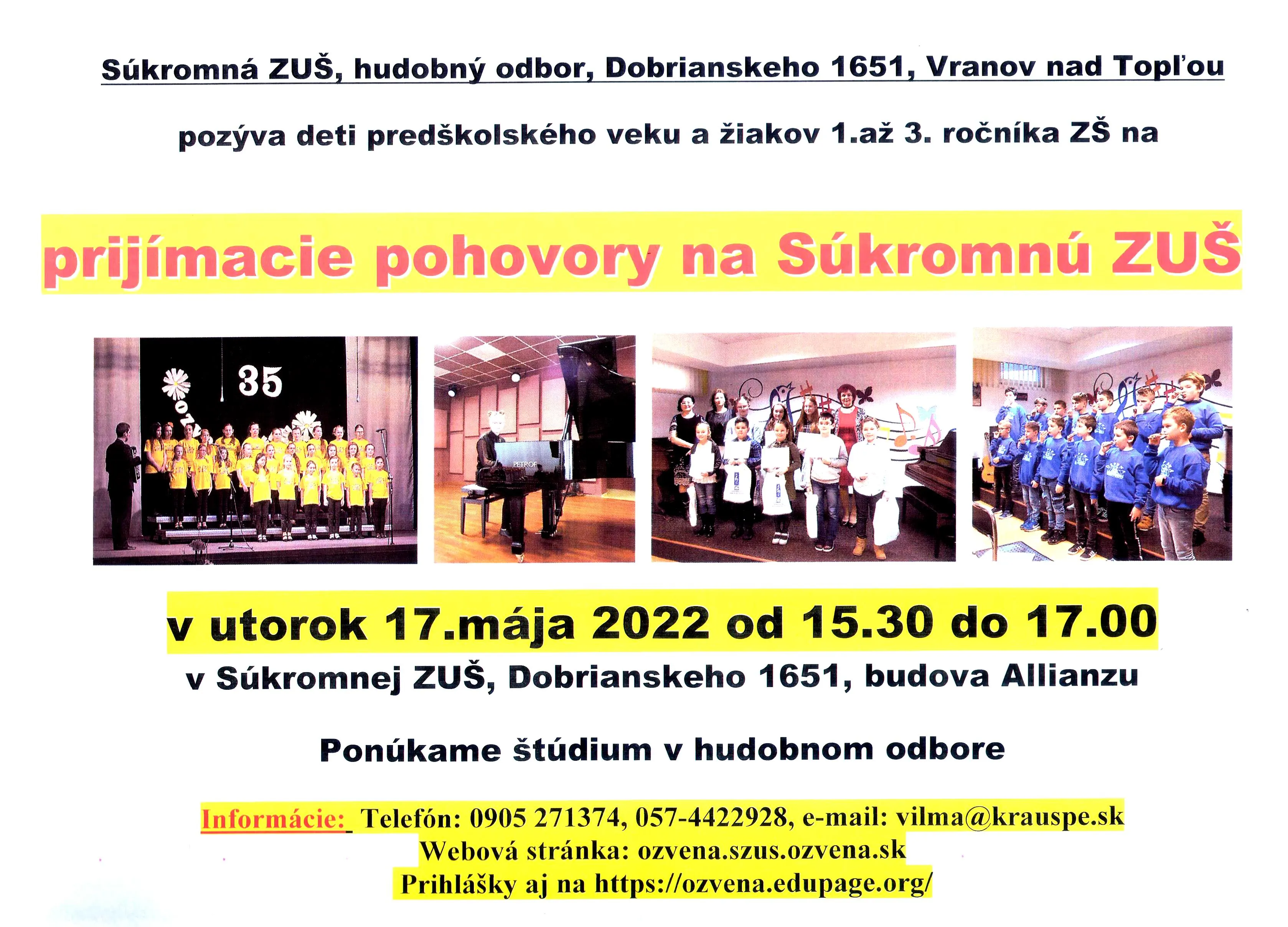 Súkromná ZUŠ - Prijímacie pohovory 17. mája 2022 - plagát