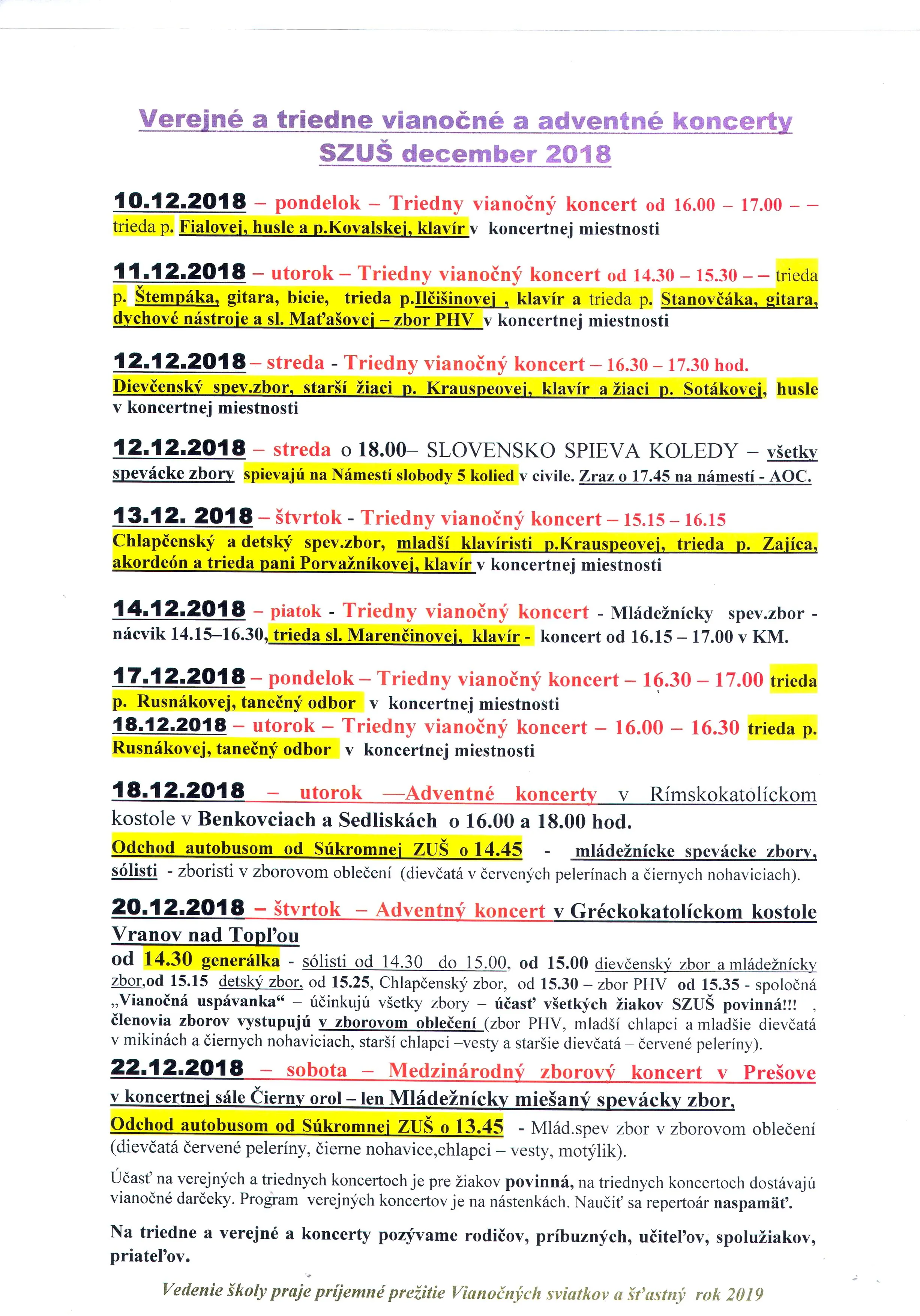 Rozpis vianočných koncertov 2018