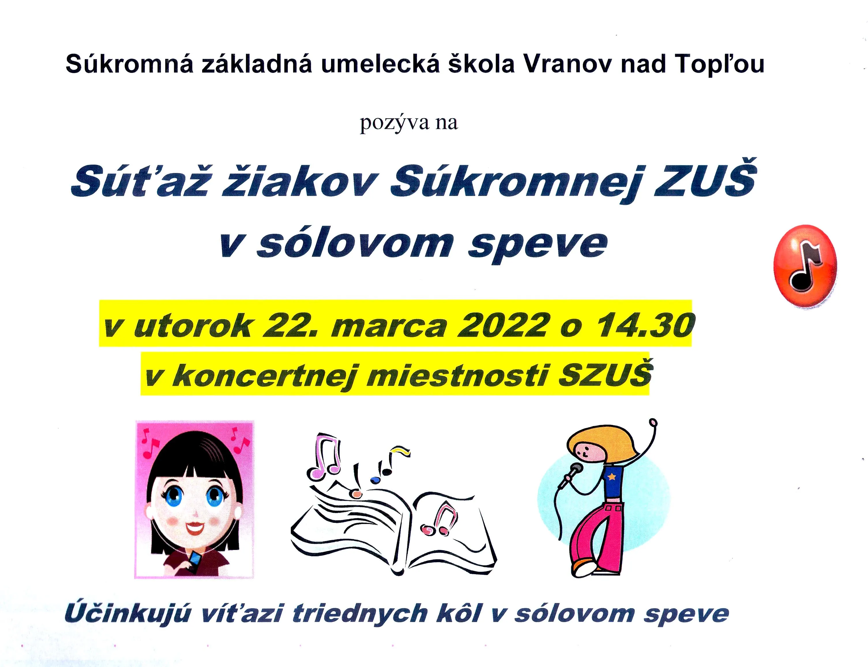 Súkromná ZUŠ - Súťaž žiakov v sólovom speve 22. Marca 2022 - plagát