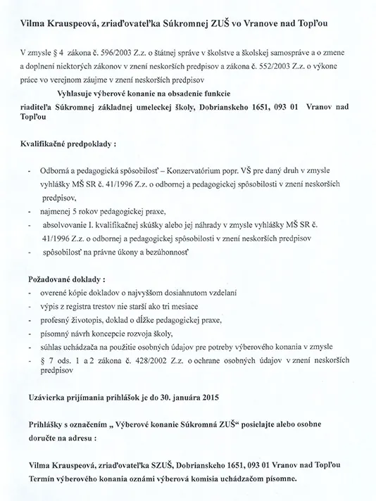 Súkromná ZUŠ - Výberové konanie - plagát