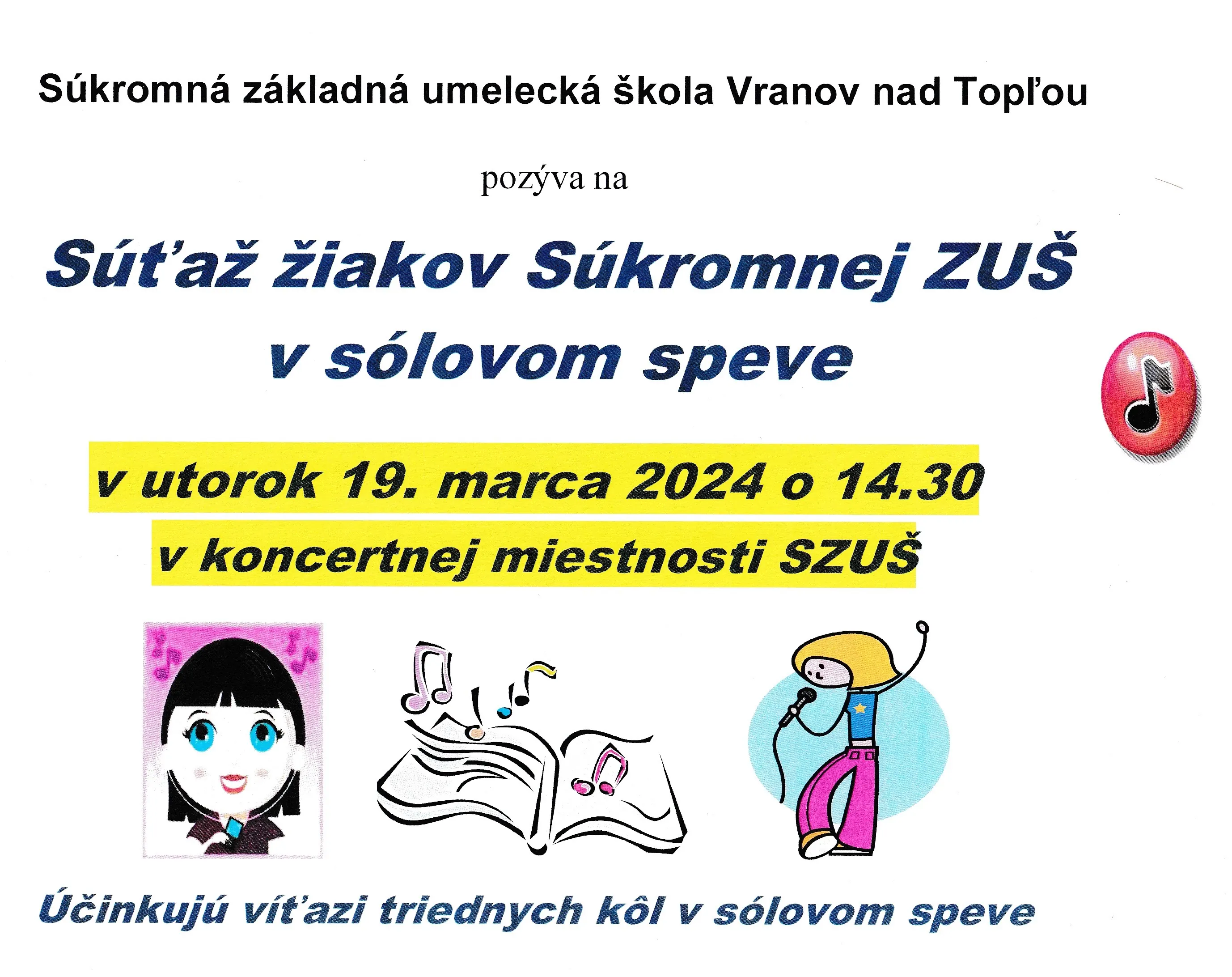 Súťaž žiakov Súkromnej ZUŠ v sólovom speve 19. marca 2024 - plagát