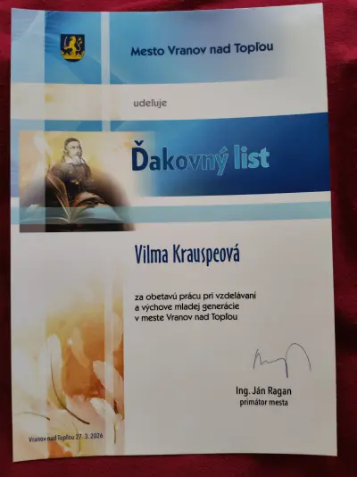 Ďakovný list pre Vilmu Krauspeovú