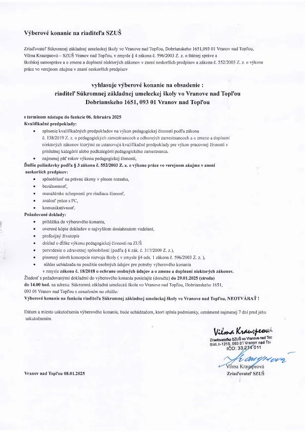 Výberové konanie na riaditeľa SZUŠ 2025 - plagát